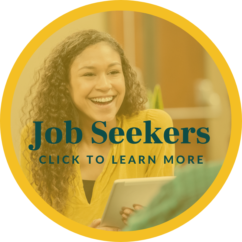 Smiling woman with long dark hair with text overlay "Job Seeker Click here"